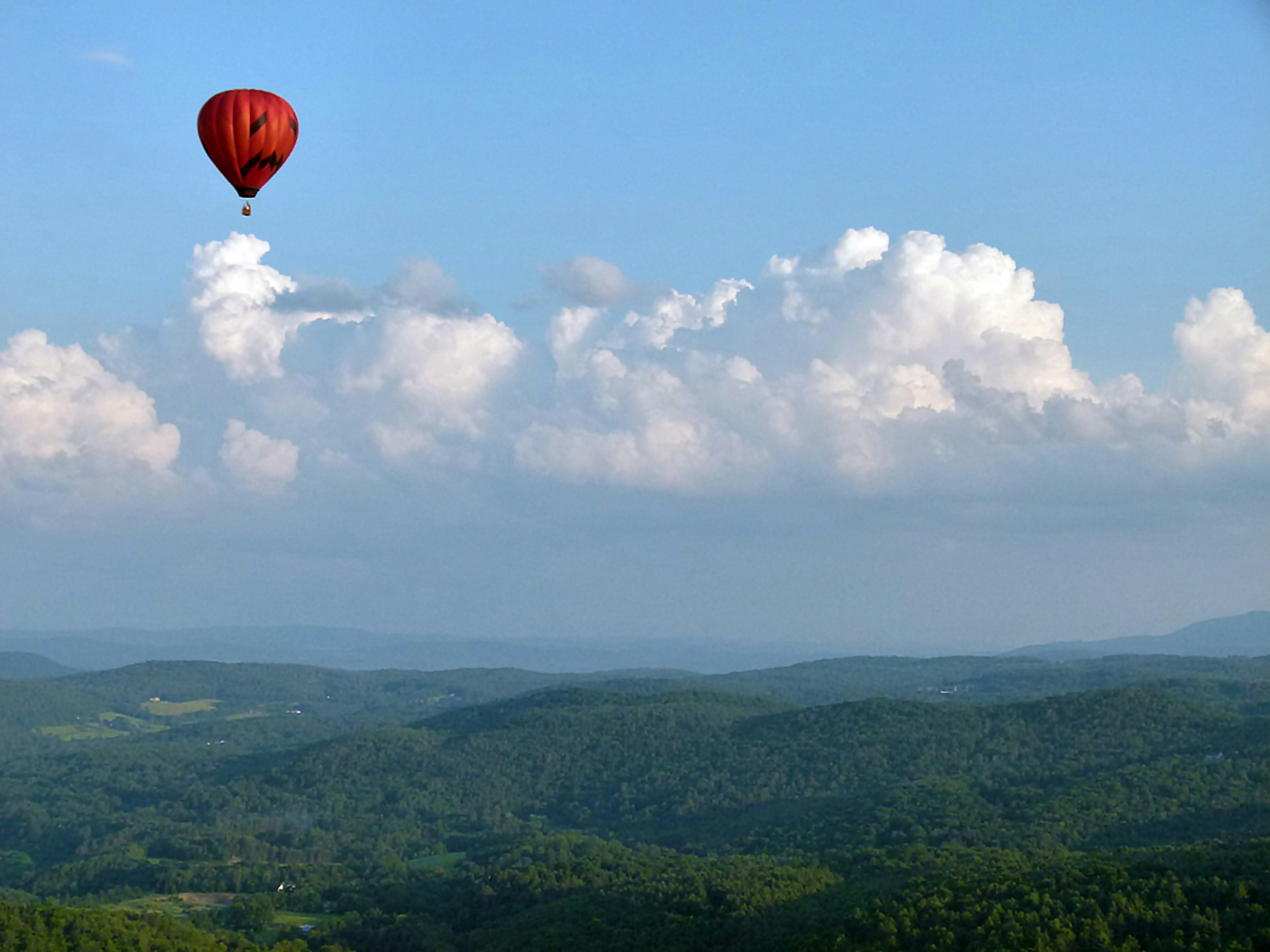 a hot air balloon flying over a lush green hillside