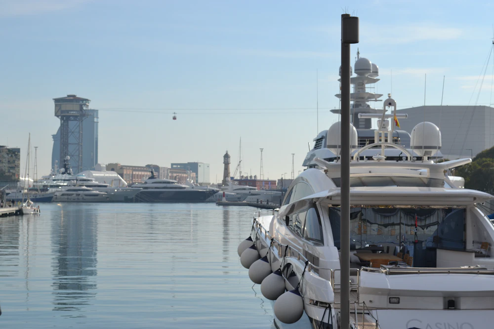 Large motor yachts moored at a marina with a city skyline behind them