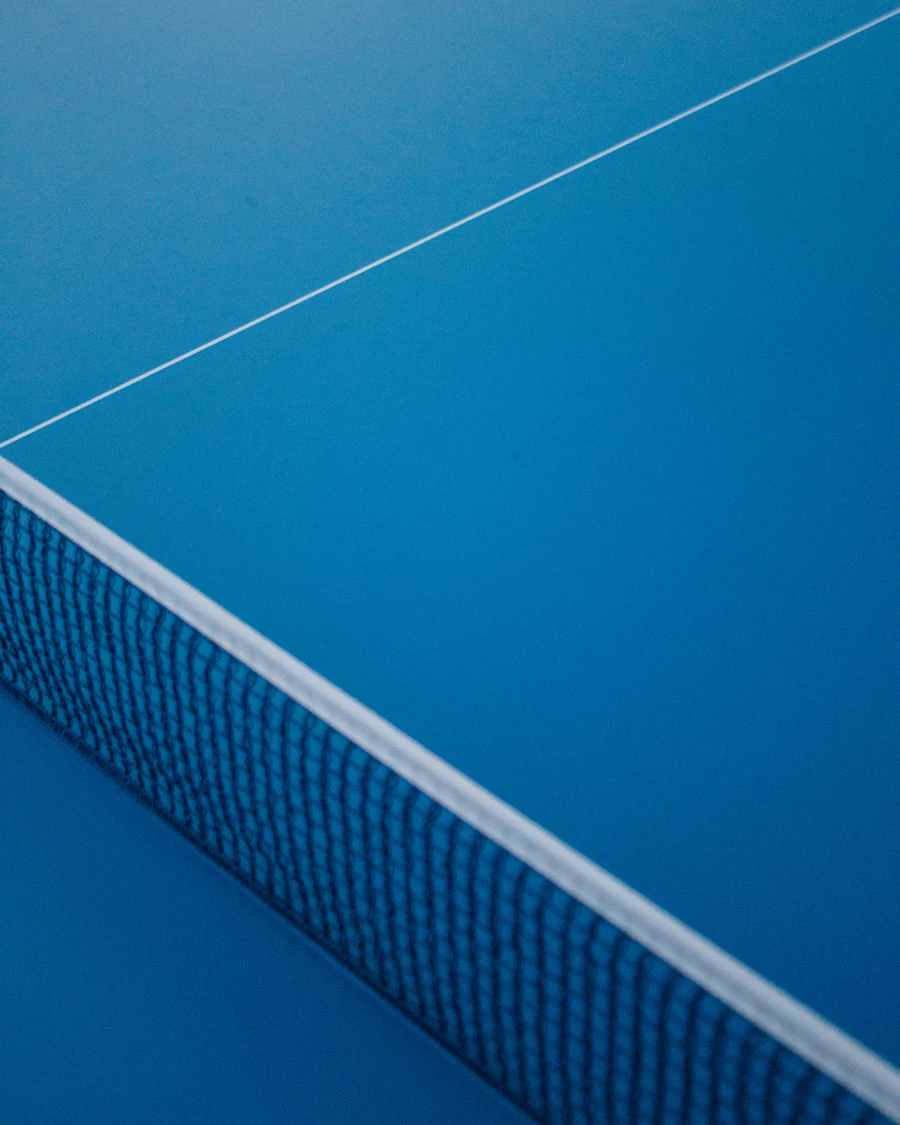 Close-up of a padel court net and the white service line on a blue playing surface