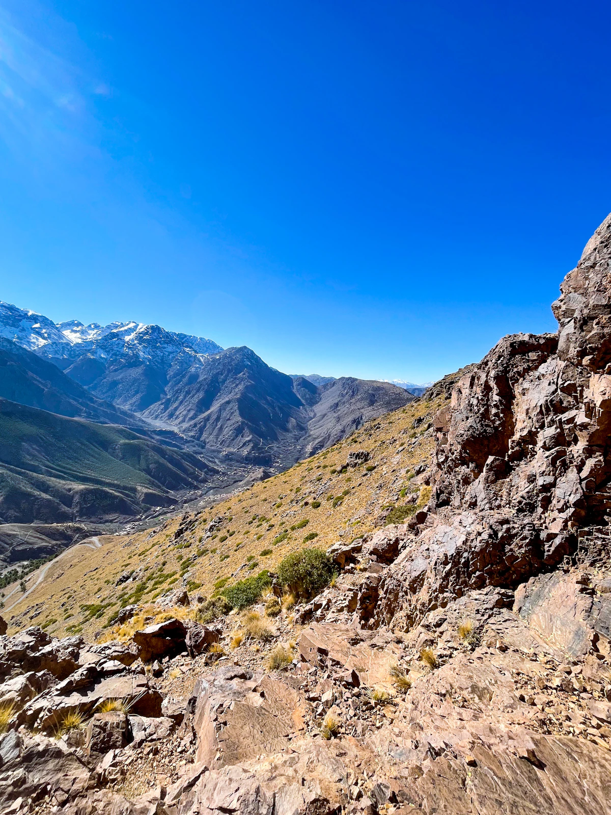 View of the High Atlas mountain range from a high point above Imlil, Morocco