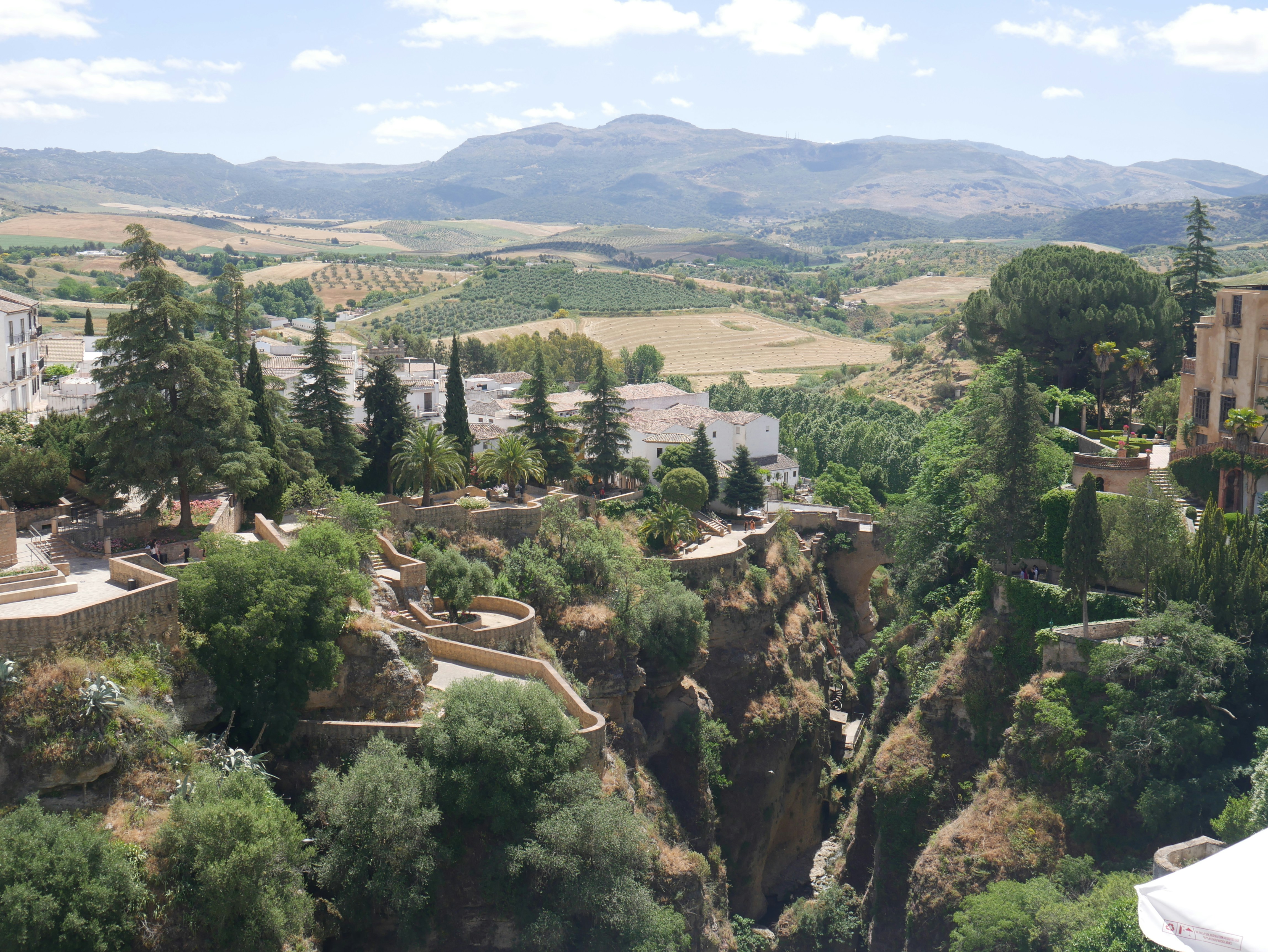 a scenic view of a valley with trees and mountains in the background