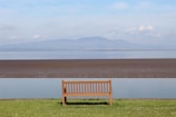 a wooden bench sitting on top of a lush green field