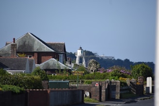 Residential area with a mix of red-brick and grey-roofed houses surrounded by green vegetation. A lighthouse is visible in the distance against a clear blue sky. The foreground includes lush greenery and a street sign partially obscured by foliage.