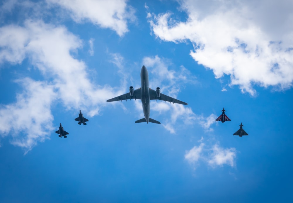 um grupo de caças voando através de um céu azul nublado