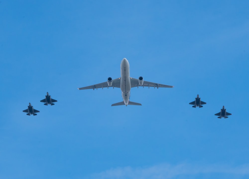 Eine Gruppe von Kampfjets fliegt durch einen blauen Himmel