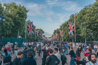 a crowd of people walking down a street next to trees