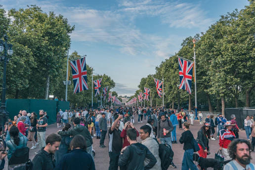 a crowd of people walking down a street next to trees