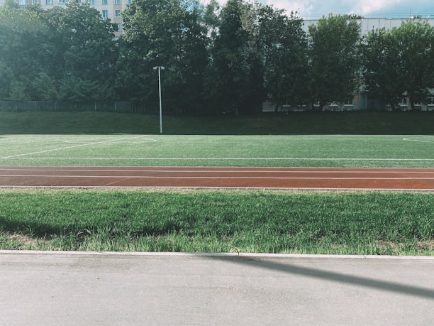 A well-maintained athletic field with a green grass surface is bordered by a running track in front. Trees form a dense backdrop, providing a natural barrier. A streetlamp stands alone on the field, and there are hints of buildings visible behind the trees.
