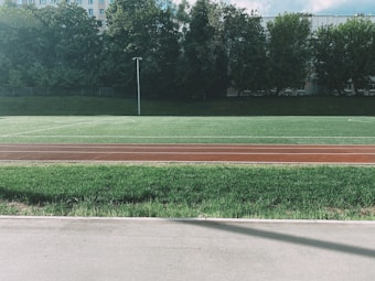 A well-maintained athletic field with a green grass surface is bordered by a running track in front. Trees form a dense backdrop, providing a natural barrier. A streetlamp stands alone on the field, and there are hints of buildings visible behind the trees.