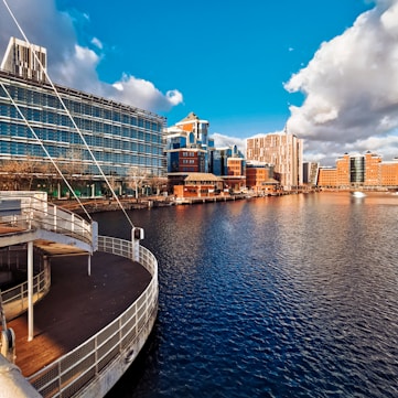 a large body of water with buildings in the background