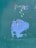 A large patch of blue paint is peeling off a surface with a green undercoat, revealing rust spots and minor scratches. The texture of the surface is rough and weathered, suggesting exposure to natural elements over time.