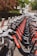 A row of rental bicycles neatly lined up along a sidewalk in an urban area. The bicycles are primarily gray with bright red branding on the frame. In the background, there are trees and residential buildings, creating a serene street scene.