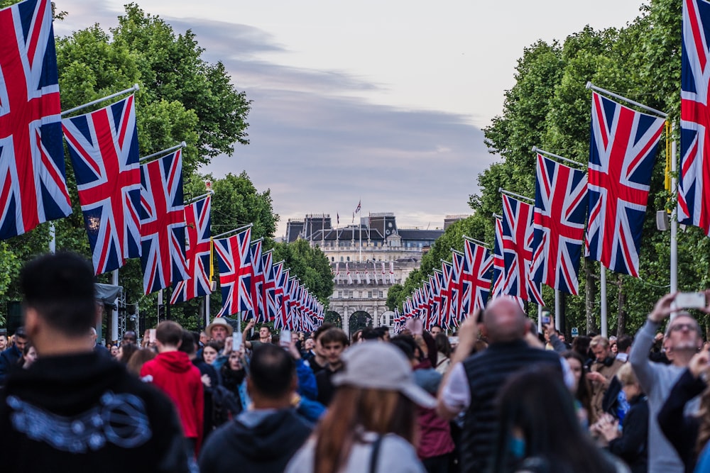 a crowd of people walking down a street with flags