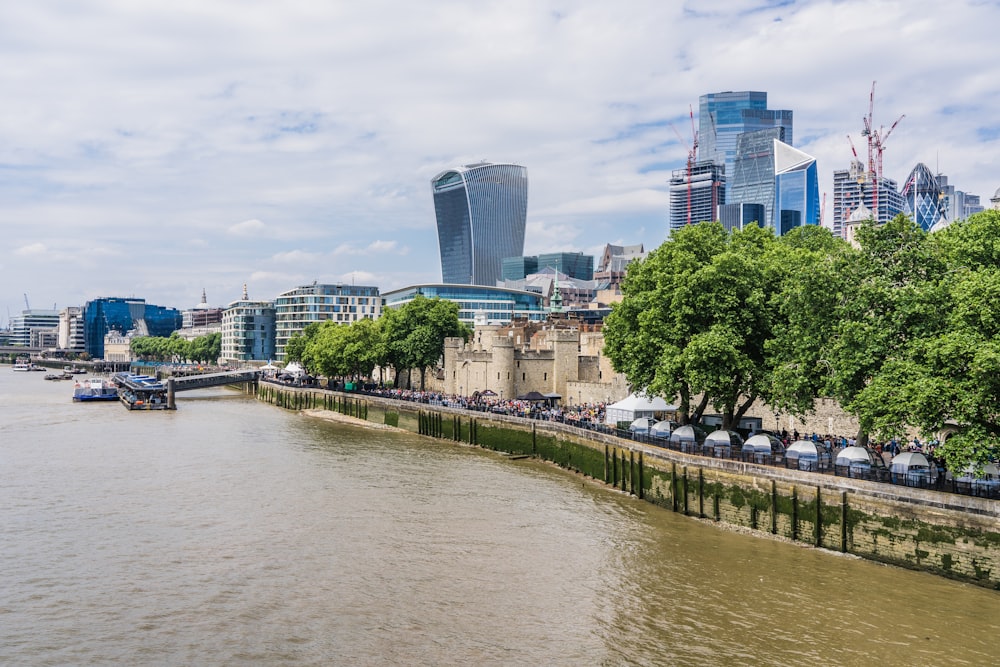 a view of a river with a city in the background