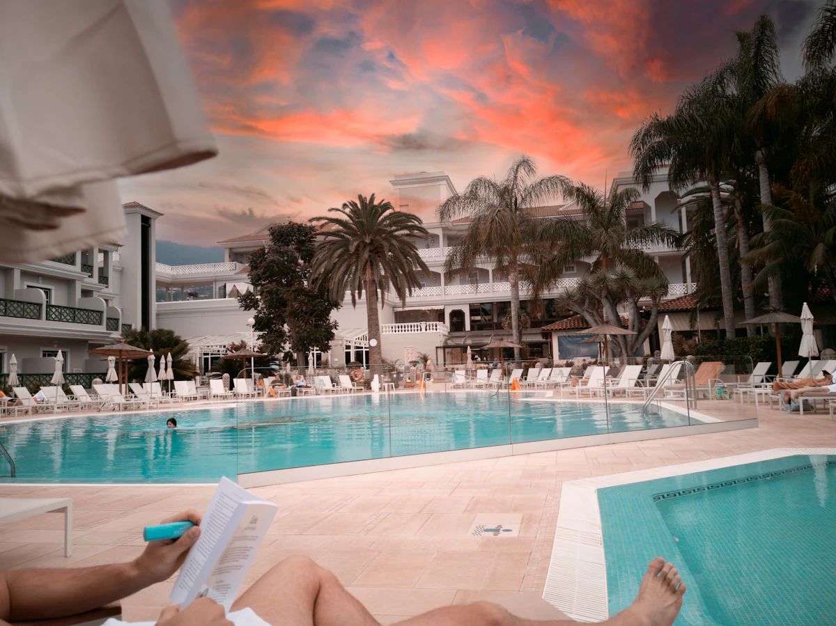 Sunset by a hotel pool in Puerto de la Cruz, Tenerife