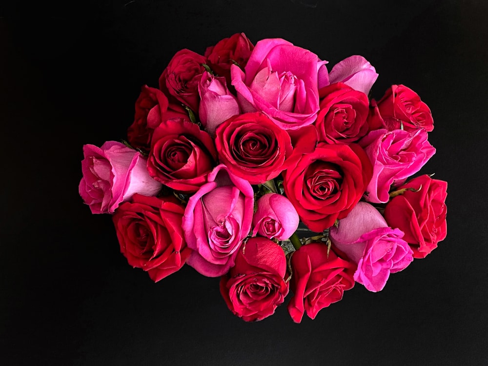 a bouquet of pink and red roses on a black background