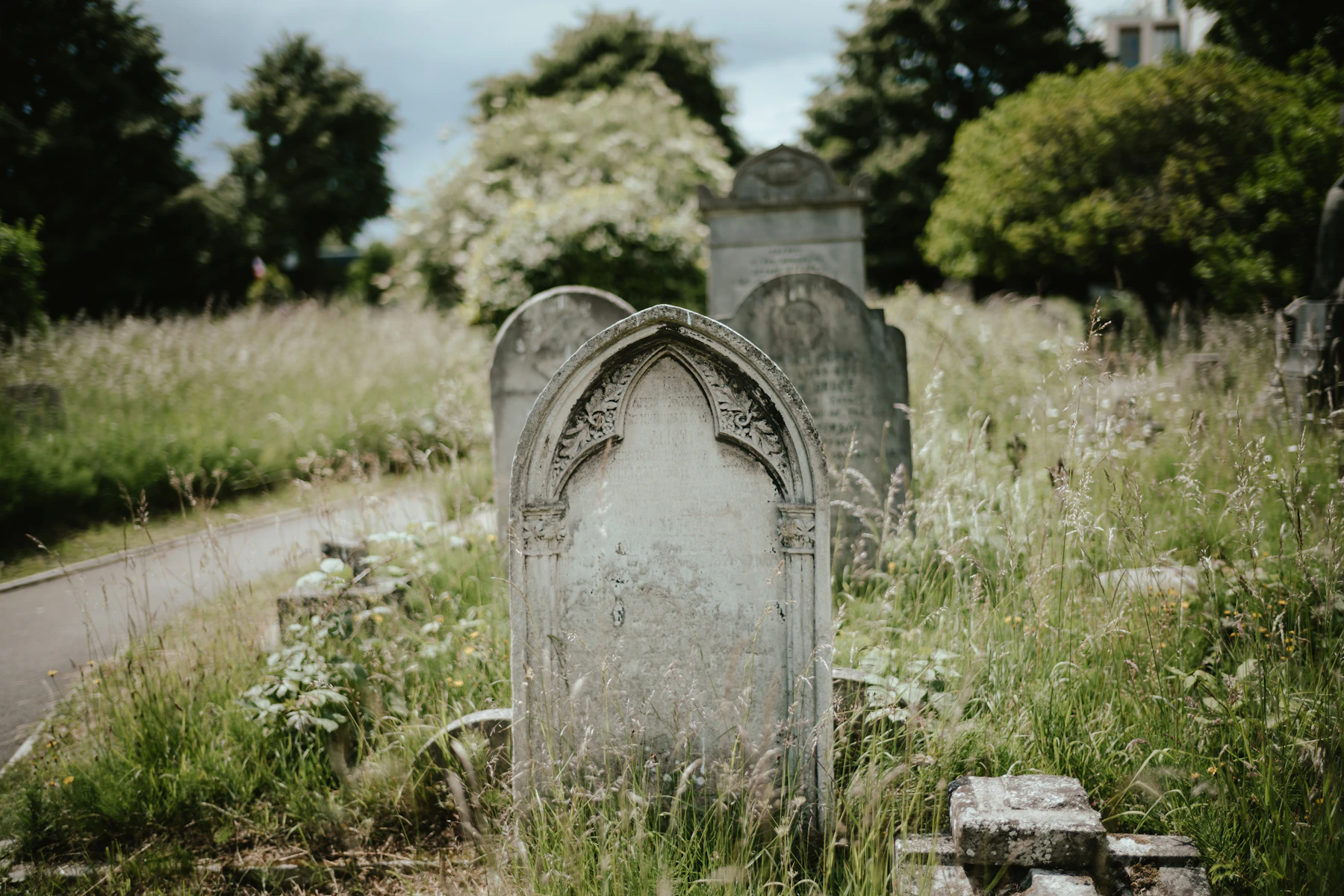 A Victorian headstone with a carved Gothic arch standing in tall grass beside a cemetery path, older stones behind it