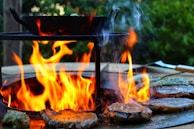 A close-up view of a grill with sizzling steaks cooking over an open flame. The vibrant fire emits bright orange and yellow hues, casting a warm glow. Wisps of smoke rise from the sizzling meat, adding to the rustic outdoor cooking atmosphere. In the background, blurred greenery provides a natural setting.