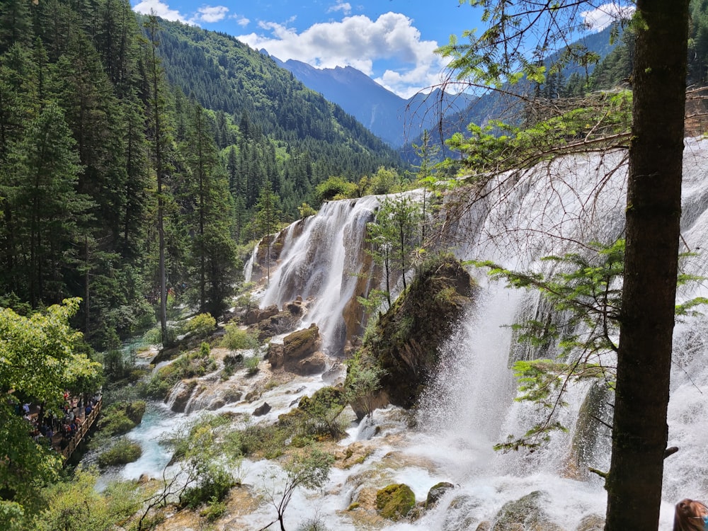 a group of people standing in front of a waterfall