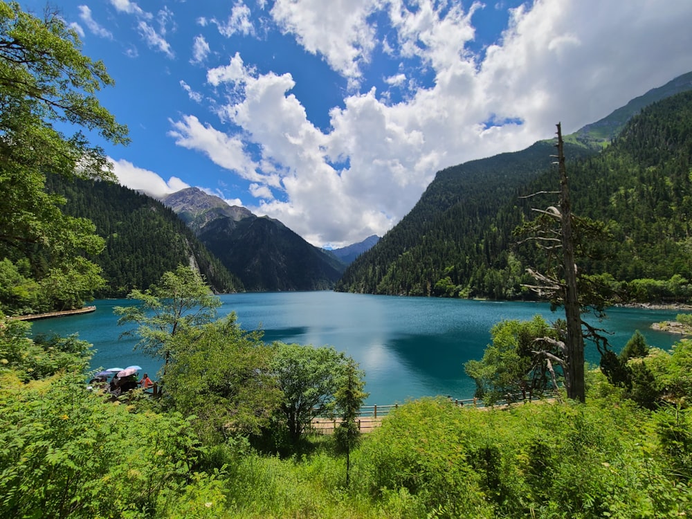 um lago azul cercado por árvores e montanhas