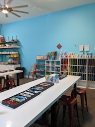 a room filled with lots of tables and chairs