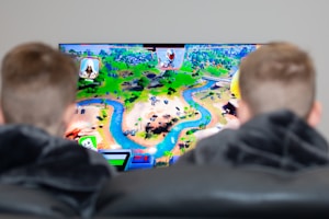 two boys are playing a video game on the television