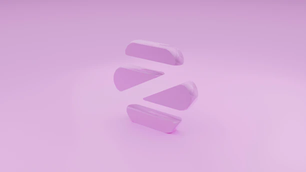 Elegant 3D wellness-themed abstract shapes floating against a dark pink glowing background.