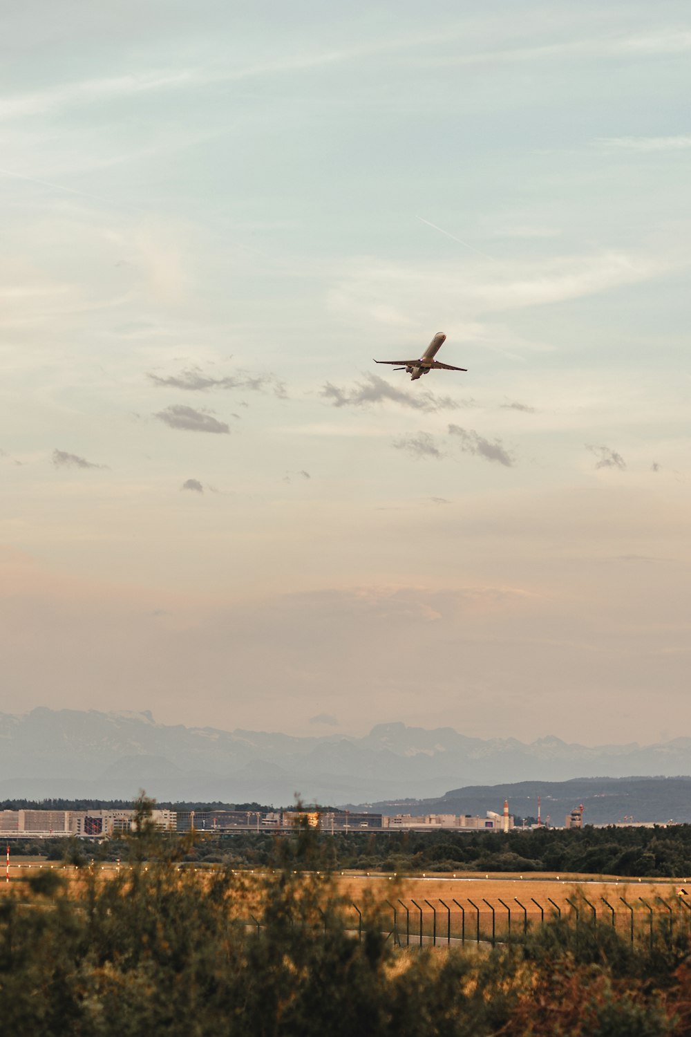 an airplane flying over a field with mountains in the background