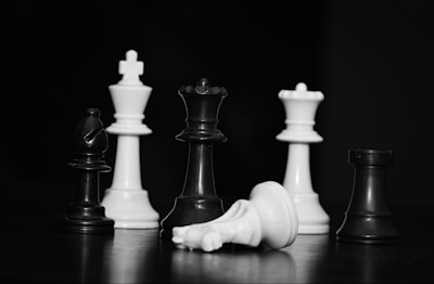 Several chess pieces are arranged on a flat surface. The white queen lies on its side, while other pieces, including the black king, white king, black rook, white rook, and black bishop, stand upright. The image is in black and white, lending it a dramatic and serious tone.