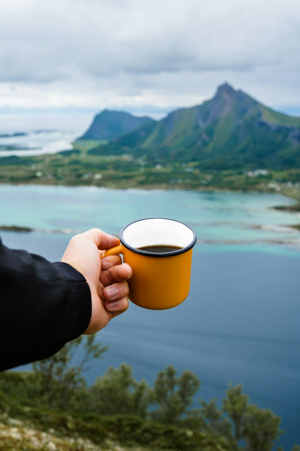 a person holding a cup of coffee on top of a mountain