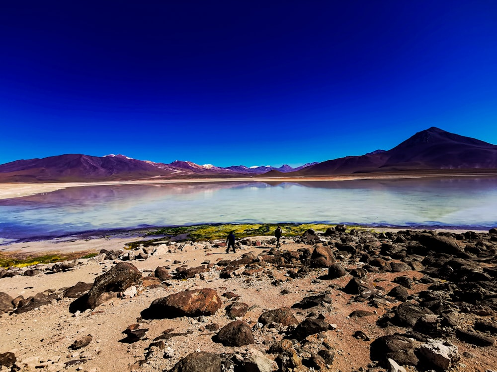 a person standing on a rocky beach next to a body of water