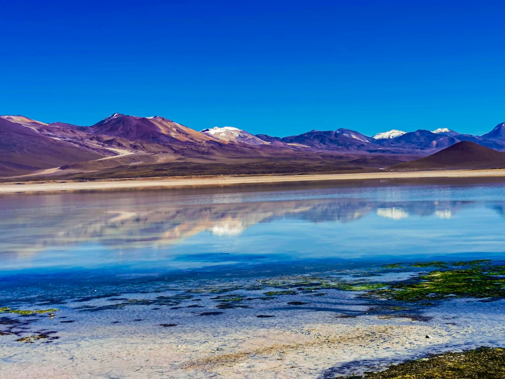 a body of water with mountains in the background