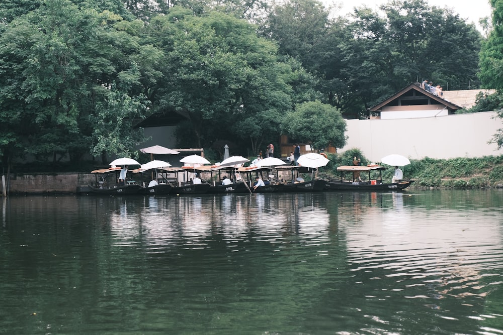 a bunch of umbrellas that are in the water