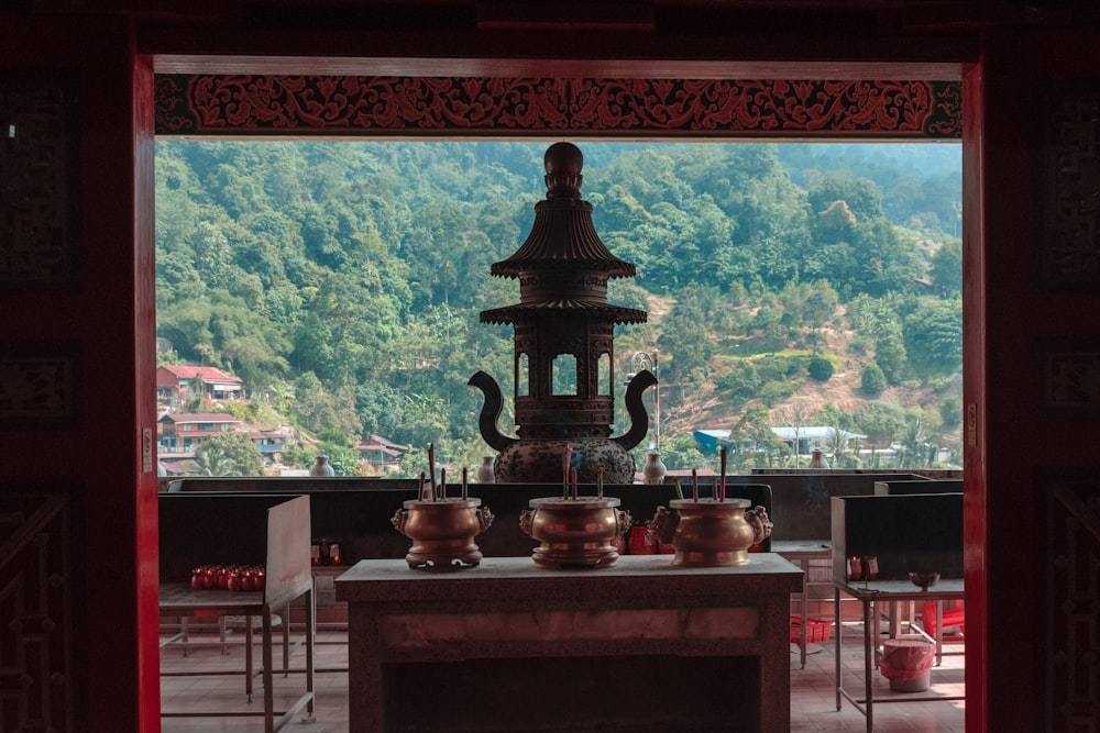 a room with a view of a mountain range