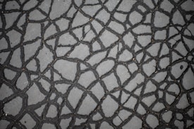 A close-up view of a cracked surface, possibly a pavement or asphalt, with irregular patterns formed by the cracks. The surface is primarily gray, and the cracks are dark, giving a distinct web-like appearance.