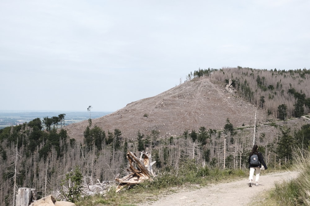 a man walking down a dirt road next to a forest