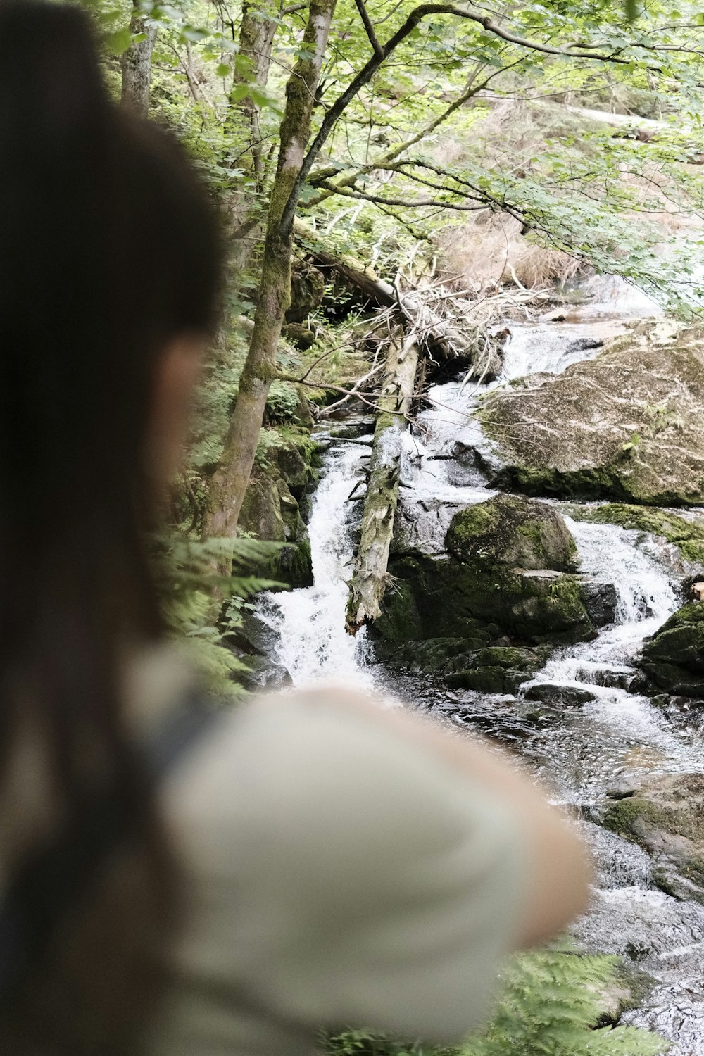 Una donna in piedi davanti a una cascata