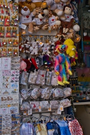 a bunch of stuffed animals are on display