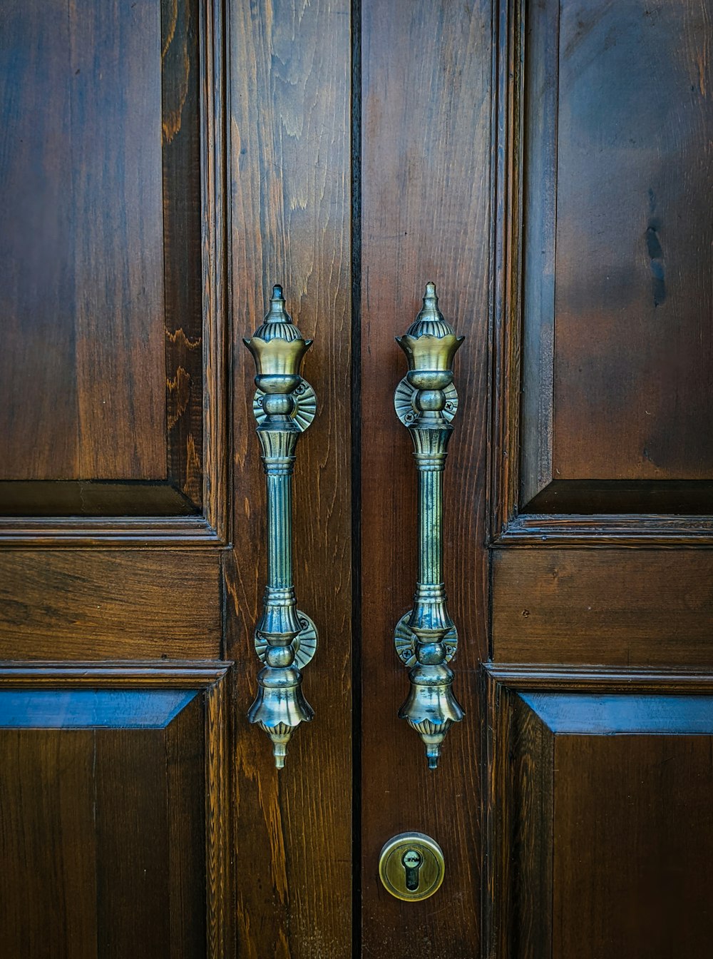 a close up of a door handle on a wooden door