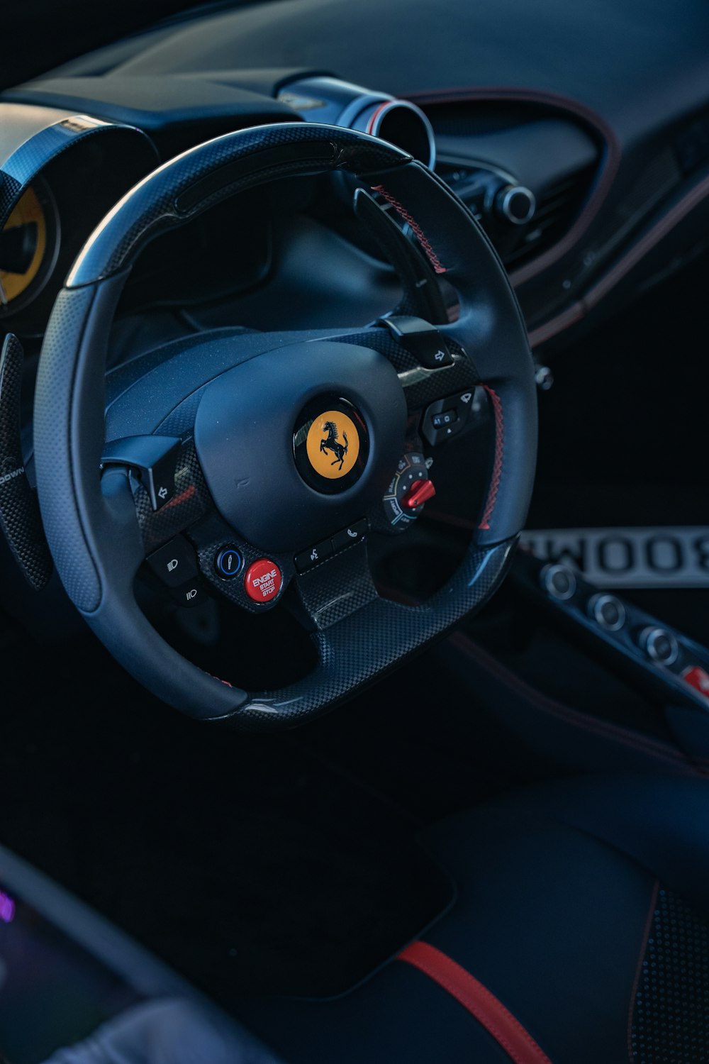 a close up of a steering wheel in a car