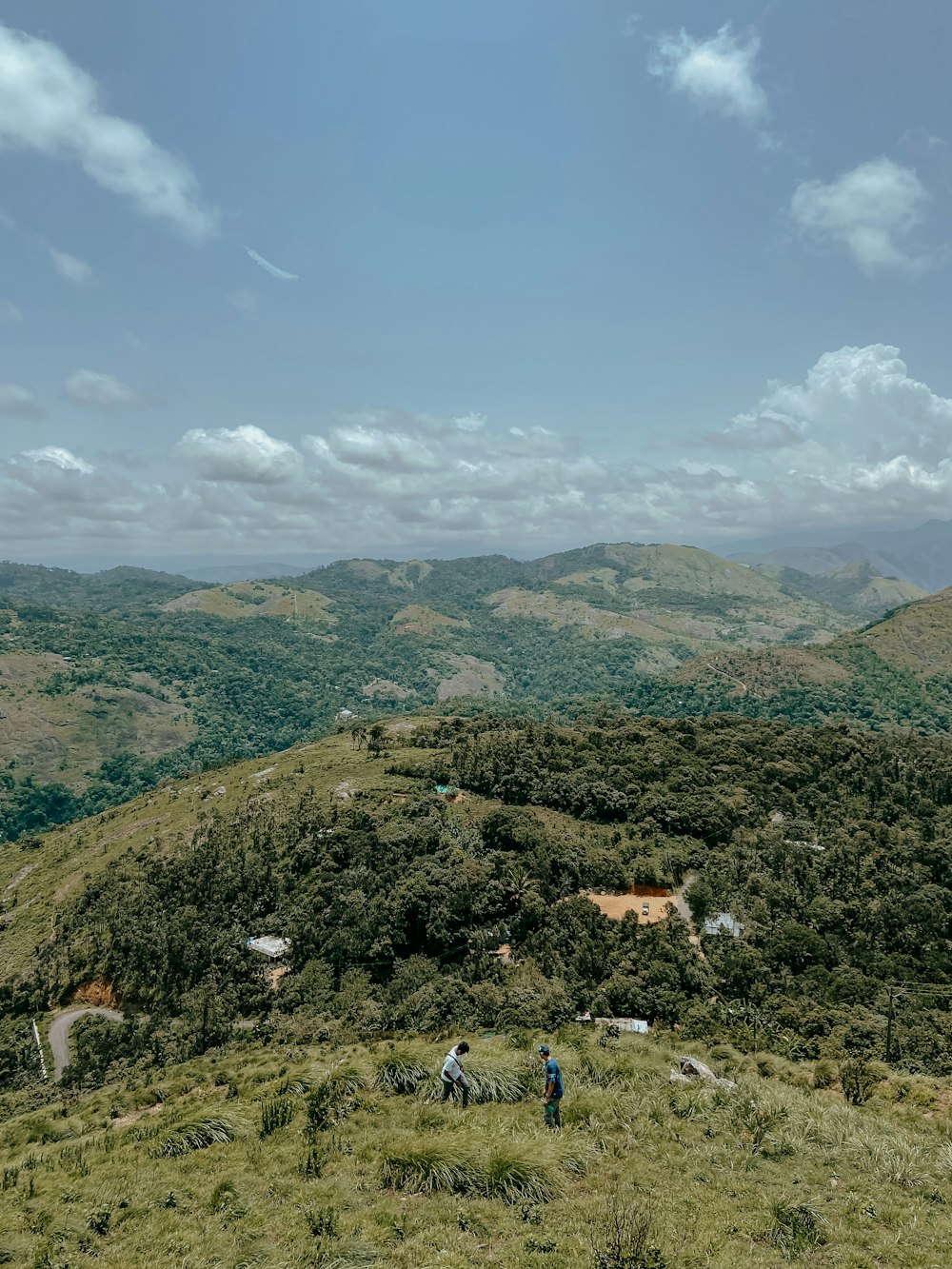 a couple of people standing on top of a lush green hillside