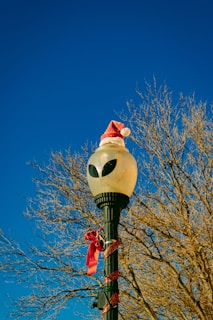 a street light with a santa hat on top of it
