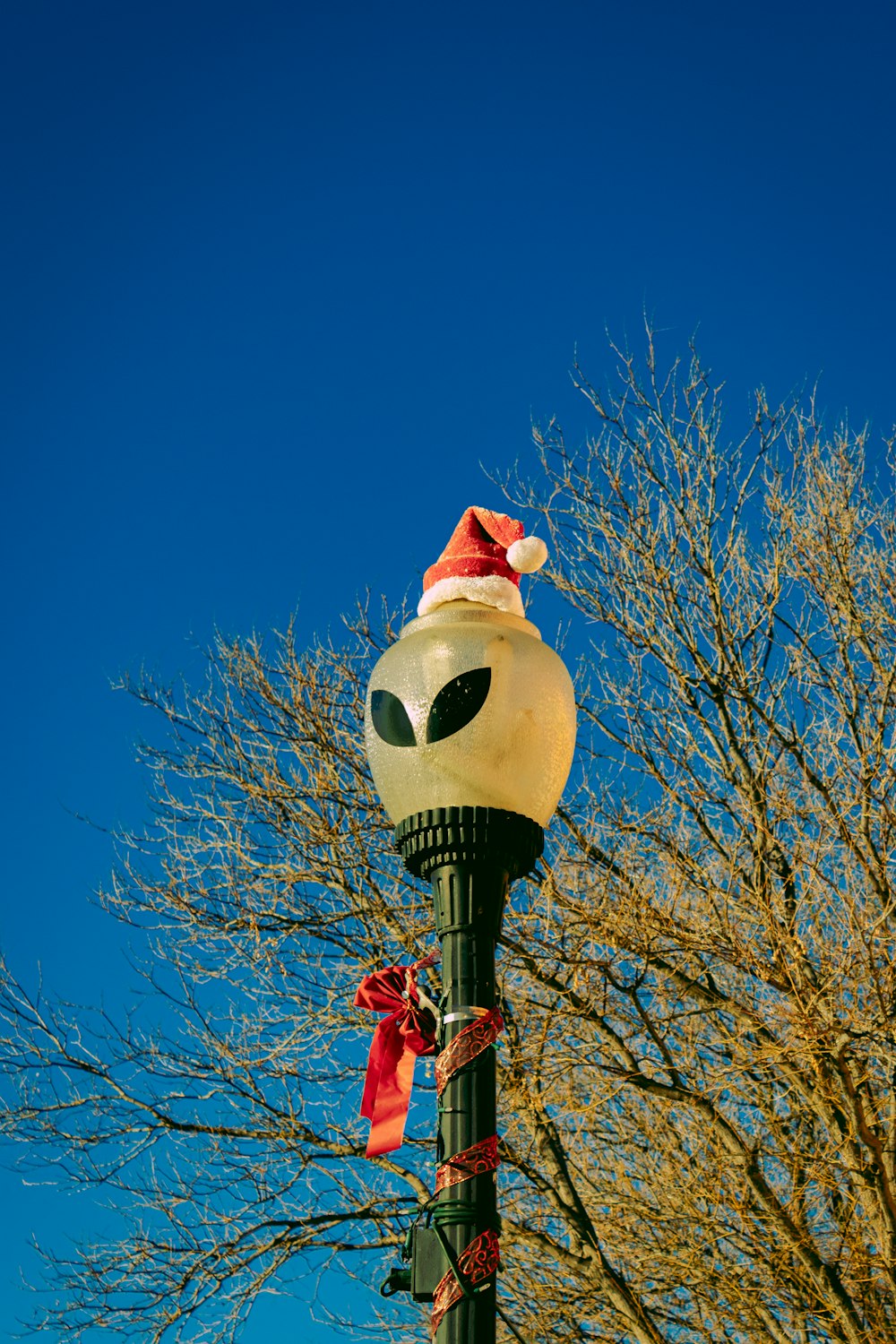 a street light with a santa hat on top of it