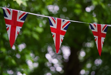 a british flag bunting on a tree line