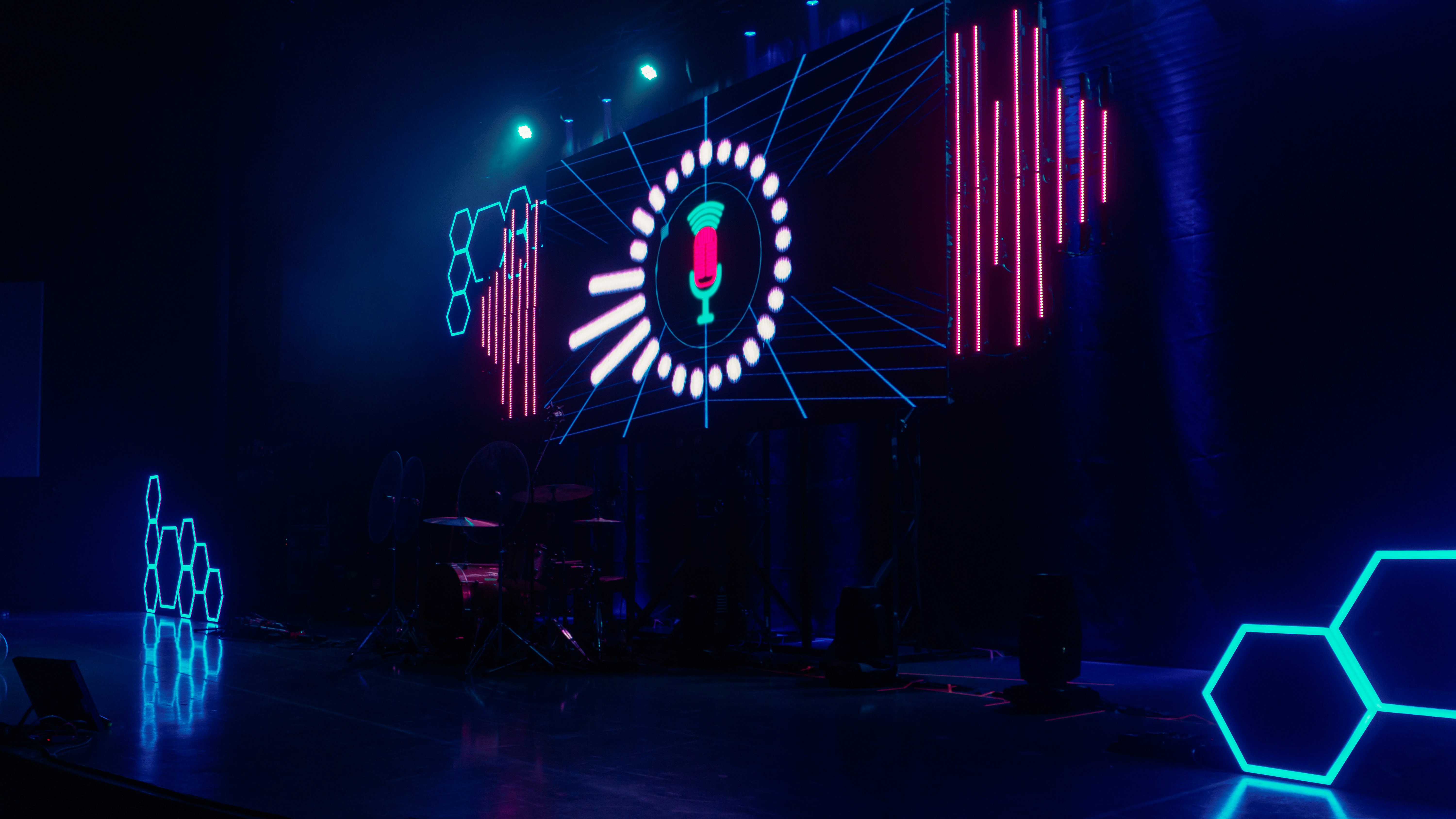 a stage that has a clock on it