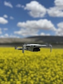 A drone hovers in the foreground over a vibrant yellow field, likely composed of flowering plants. In the background, a blue sky with scattered white clouds stretches above distant hills or mountains.