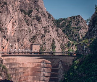 a bridge over a canyon with a mountain in the background