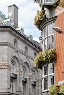 An architectural scene featuring a classic stone building with ornate arches and decorative balustrades. Adjacent is a brick building with bay windows and plants draping from window ledges. A satellite dish and a streetlamp are visible against a backdrop of a partly cloudy sky.