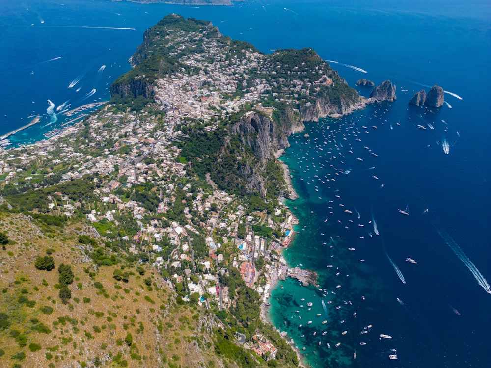 an aerial view of a small island in the middle of the ocean