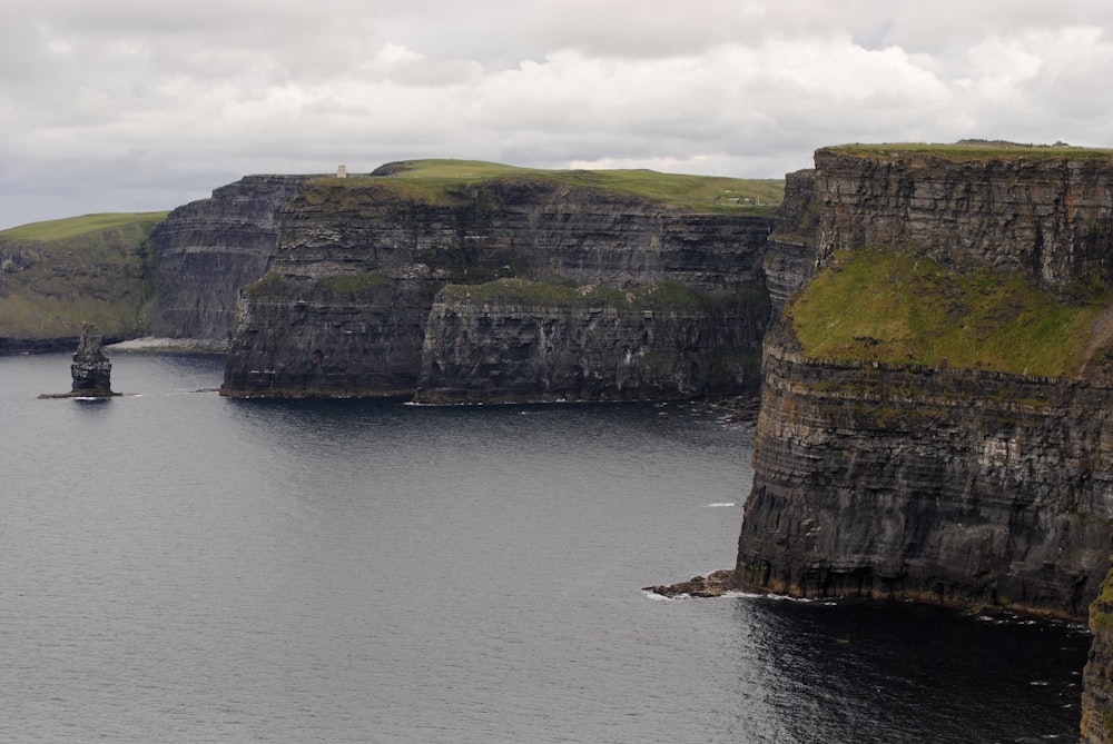 a large body of water surrounded by cliffs